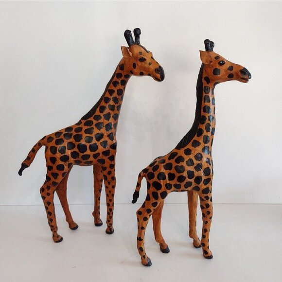 Vtg Set Of Hand Crafted Leather Wrapped Giraffe Figurines Statues 16" Glass Eye - Picture 1 of 13